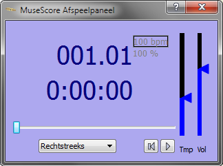 Met het Afspeel Paneel kunt u het tempo en het volume regelen