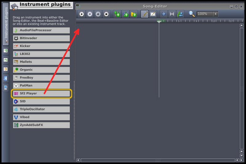 Click on the Instrument plugins icon at the far left of the LMMS workspace to collapse the dropdown menu.