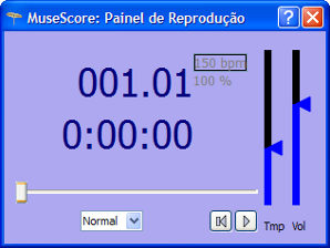 O painel de reprodução permite ajustar andamento e volume