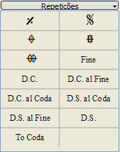 A paleta de repetições contém os símbolos para repetição de compasso, segno e coda. Contém também 'D.S.', 'D.C.', e Fim.