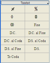 Toistot-paletti sisältää symboleja tahdin toistoon kuten segno ja coda. Sieltä löytyy myös 'D.S.', 'D.C.', ja Fine-teksti.