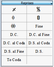 La palette Reprises contient les symboles des répétitions de mesures, Segno, Coda, D.S, D.C, Fine.