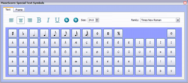The text palette contains methods for changing text alignment, style, size, and font, plus buttons for inserting symbols into the text such as a quarter note or special characters such as a copyright symbol or accented letters.