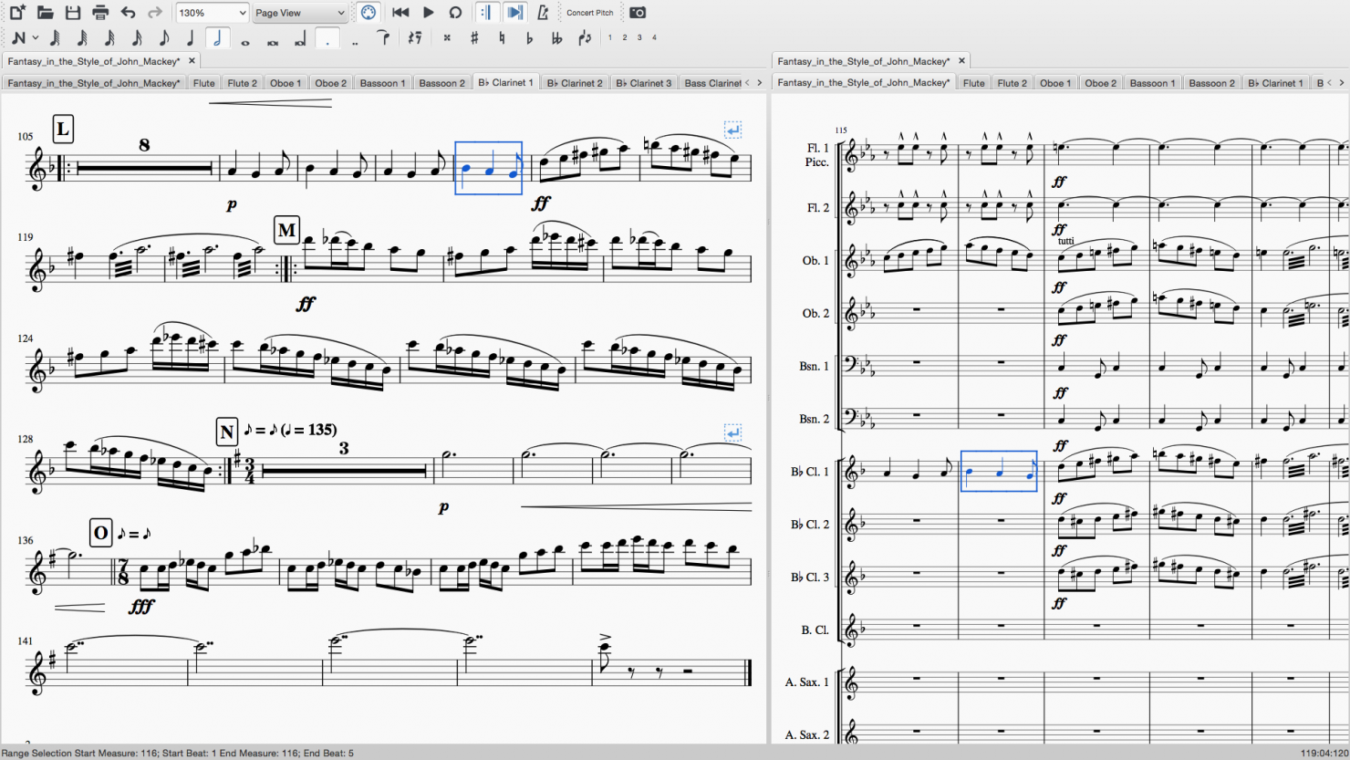 Linked part editing in a wind symphony score in MuseScore 