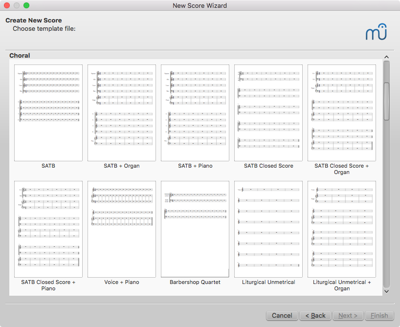 Sborové předlohy v průvodci MuseScore vytvořením nové partitury