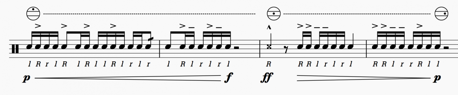 Marching snare score excerpt showing pictogram notation