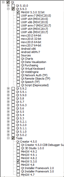 Qt Install, for MuseScore 2.x add Qt 5.4/MinGW 4.9.1 (32bit) OpenGL and Tools/MinGW 4.9.1