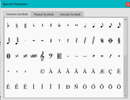 Die Sonderzeichen Palette beinhaltet Schaltflächen zum Einfügen von Symbolen in den Text (z.B. Viertelnote), oder Sonderzeichen (z.B. copyright symbol, ©)