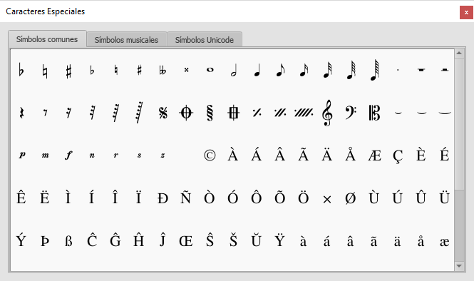 La paleta de Caracteres especiales permite insertar símbolos en el texto (ej. una clave de Sol), o caracteres especiales (ej. el símbolo del copyright, ©)