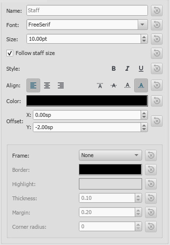 Text Styles dialog showing the text properties for staff text