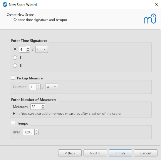 New score wizard: Create time signature and set measure options