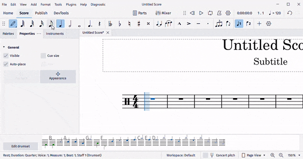 Enter notes using the mouse and the drum input palette (animated image)