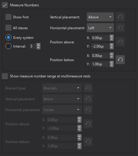 Measure number style settings