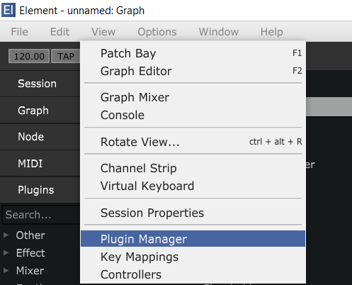 Element's menu, selecting the Plugin Manager