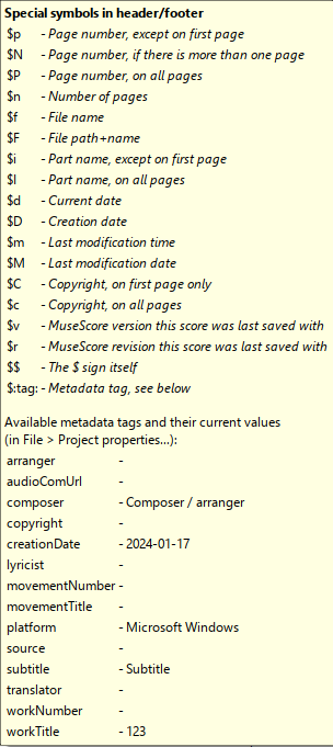 A list of available placeholder text or special symbols for Musescore 4.2