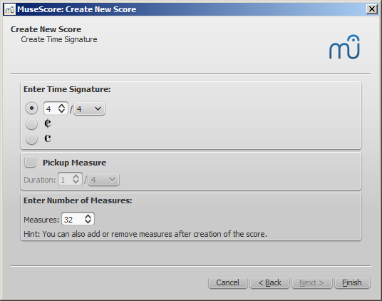 New score wizard: Create time signature and set measure options