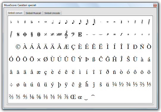 The Text Symbols palette contains buttons for inserting symbols into the text (e.g. quarter note), or special characters (e.g. copyright symbol, ©).