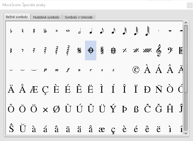 The Special Characters palette contains buttons for inserting symbols into the text (e.g. quarter note), or special characters (e.g. copyright symbol, ©)