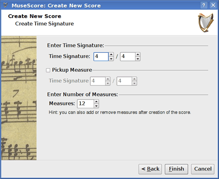 New Score wizard: Time signature and measure options