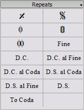 Repeats palette contains the symbols for measure repeat, segno and coda. It also contains 'D.S.', 'D.C.', and Fine text.