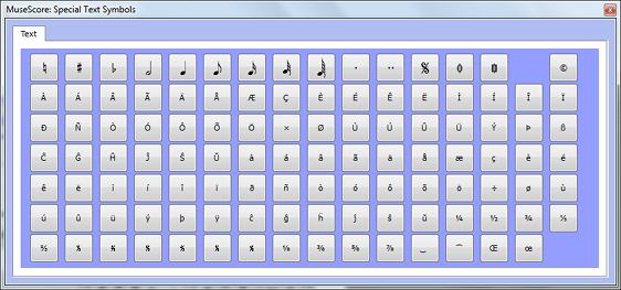 The Text Symbols palette contains buttons for inserting symbols into the text (e.g. quarter note), or special characters (e.g. copyright symbol).
