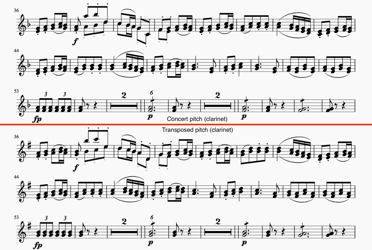 Přepnutí not pro klarinet ze znějící výšky tónu na transponovanou výšku tónu