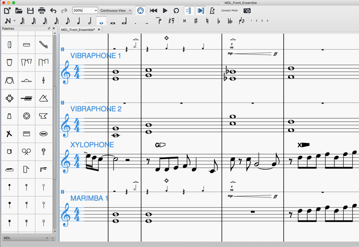 Front ensemble score showing pictograms for instrument changes