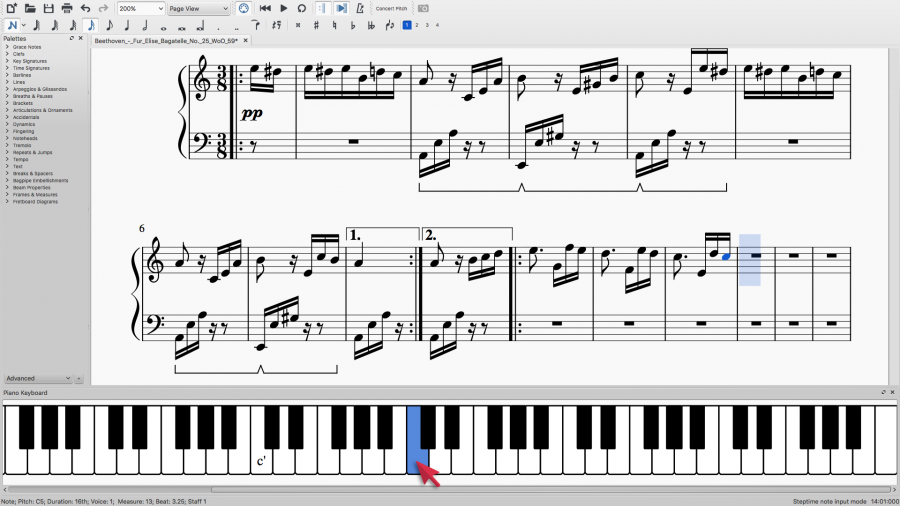 Note input in MuseScore with on-screen piano keyboard