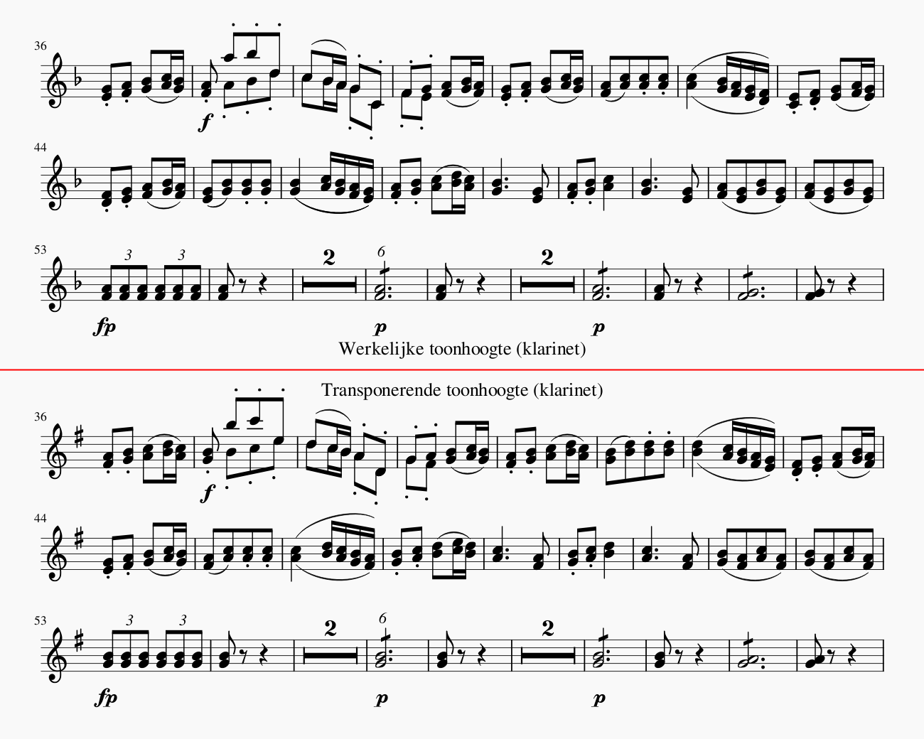 Klarinet muziek wissel tussen werkelijke toonhoogte en getransponeerde toonhoogte