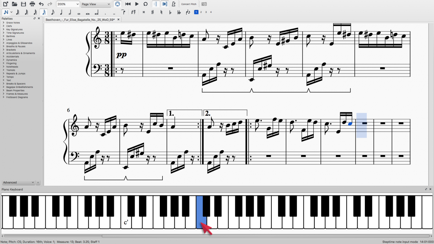 Noteninvoer in MuseScore met on-screen piano keyboard